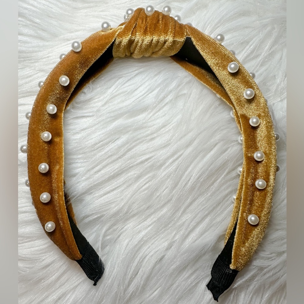Women Velvet Pearl Top Knotted Headband Gold / Yellow